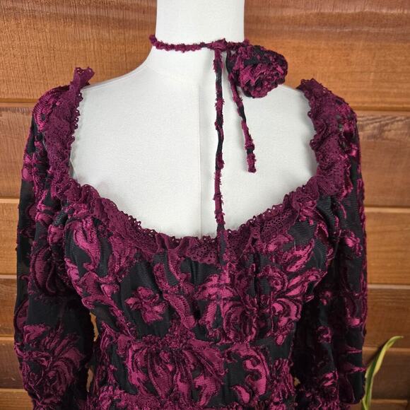 Lait Collection Women Floral Burn-Out Velvet Mini Dress M Puff Sleeve Whimsigoth - Picture 2 of 12